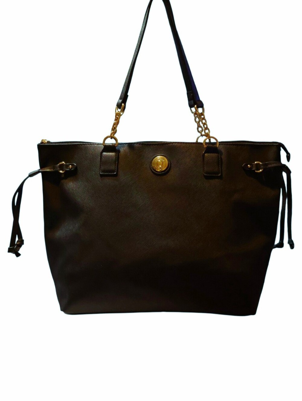 Tommy Hilfiger Black Saffiano Vegan Leather Structured Tote Work Bag